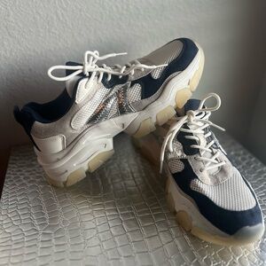 JustFab Chunky Sneaker White Metallic Silver Navy Grey Cream  Dad Shoe